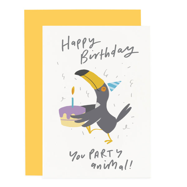 Wenskaart met een toekan: "Gefeliciteerd met je verjaardag, feestbeest!"