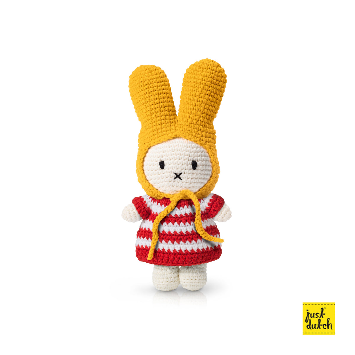 Miffy Knuffel – Rood Gestreepte Jurk + Gele Muts