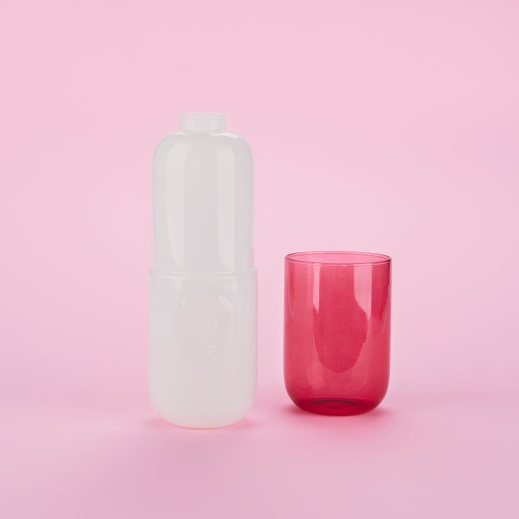 Water Pill Bottle and Drinking Glass