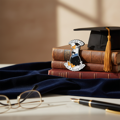 Anstecknadel für Doktoranden der Weißen Ente: „Vertrau mir, ich bin Doktor.“