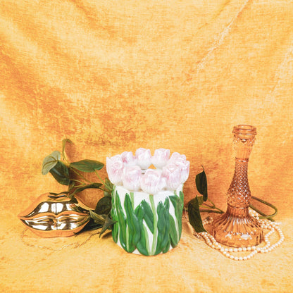 Vase - Tulips - Dolomite - Light pink/Green - 15x15x14cm