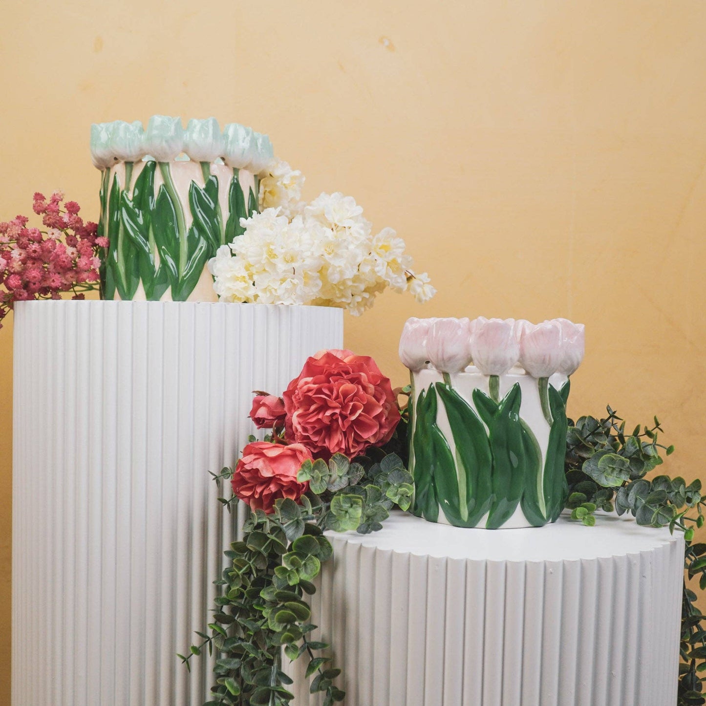 Vase - Tulips - Dolomite - Light pink/Green - 15x15x14cm