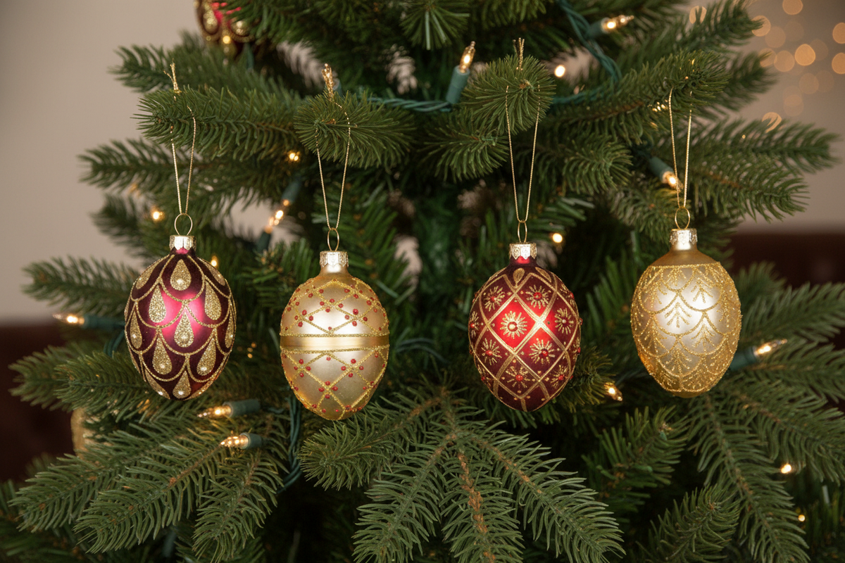 Lot de 4 Boules de Noël Ovales Rouges et Dorées