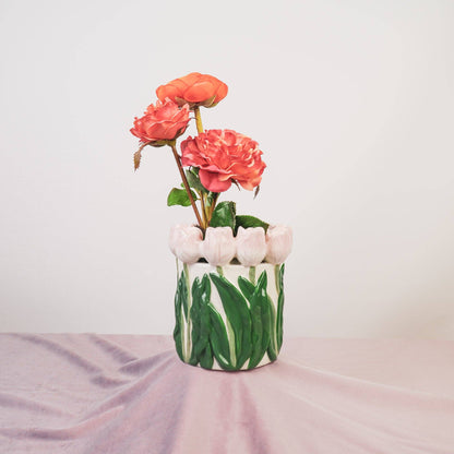 Vase - Tulips - Dolomite - Light pink/Green - 15x15x14cm