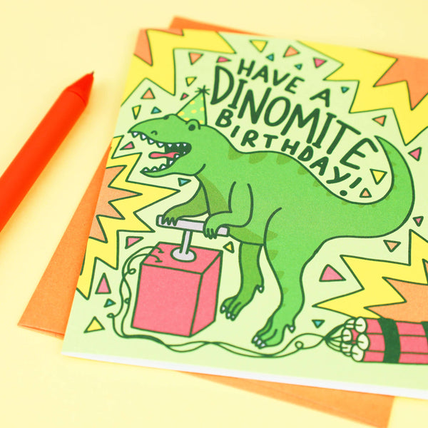Verjaardagskaart met dinosaurus T-Rex: "Fijne verjaardag!"