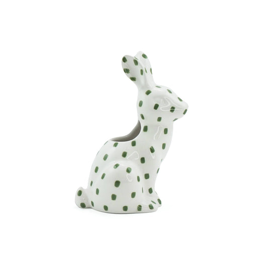 Groene keramische vaas in de vorm van een haas met bosdierenmotief