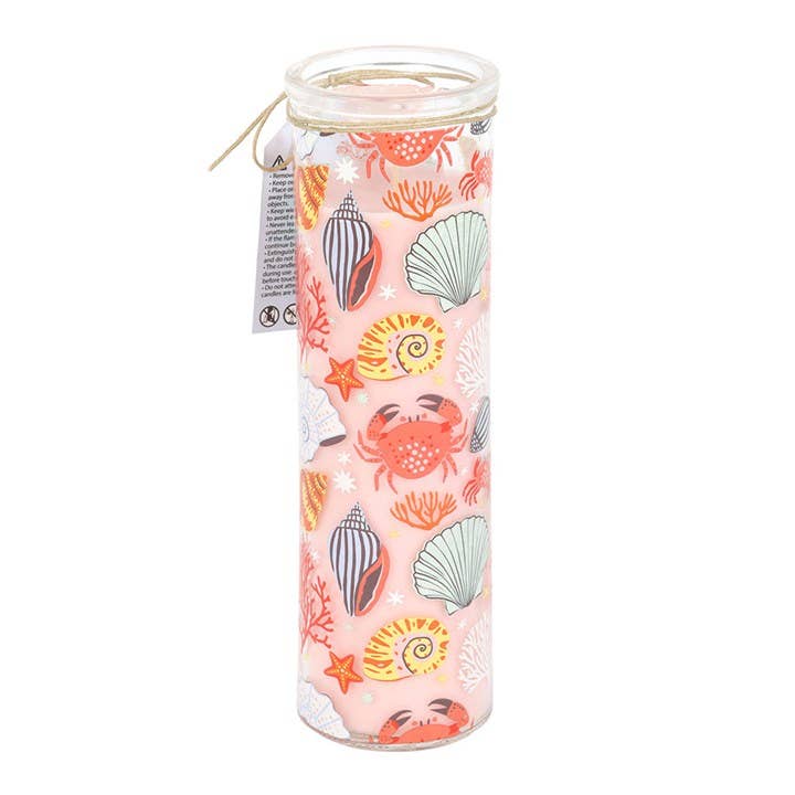 Pastel Seashell Print Coastal Pillar Candle & Coconut and Sea Salt
