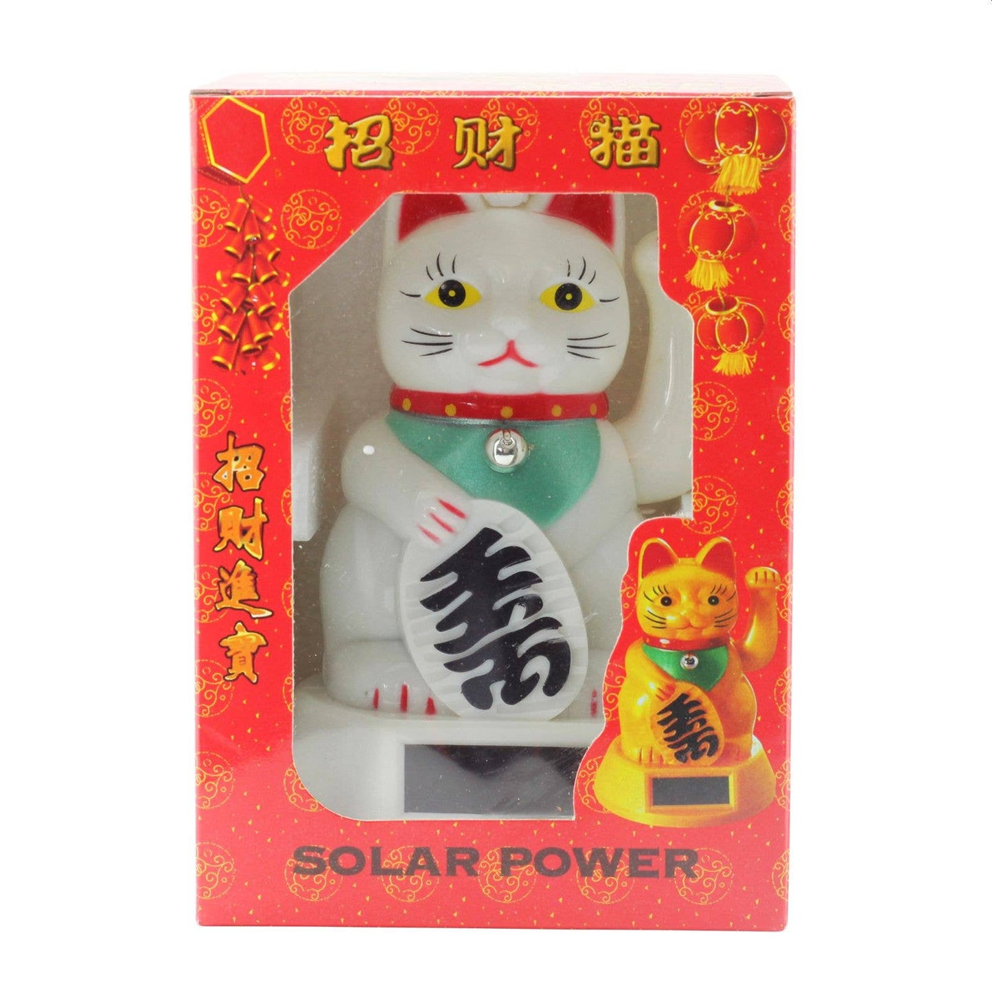 Gelukskat Maneki-neko Wave Cat solar 12cm wit
