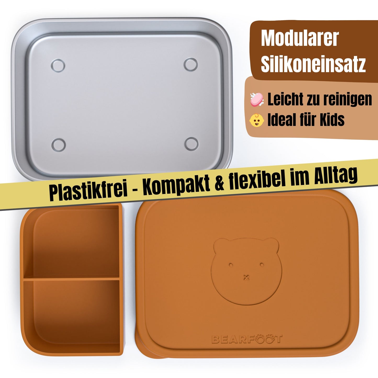 Brotdose Kinder Edelstahl mit Silikoneinsatz - Braun