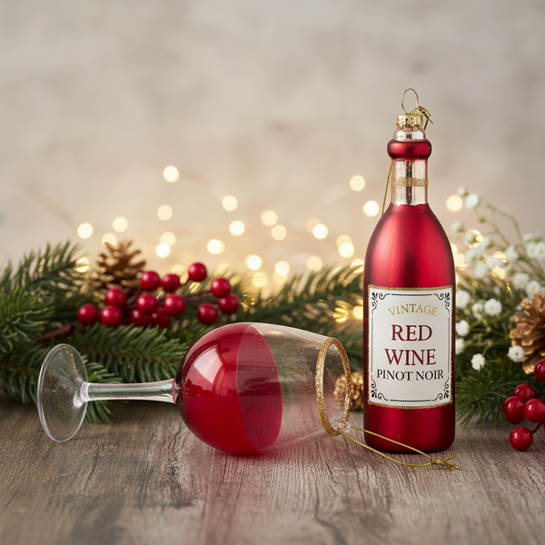 Kerstbal, fles rode wijn en een glas