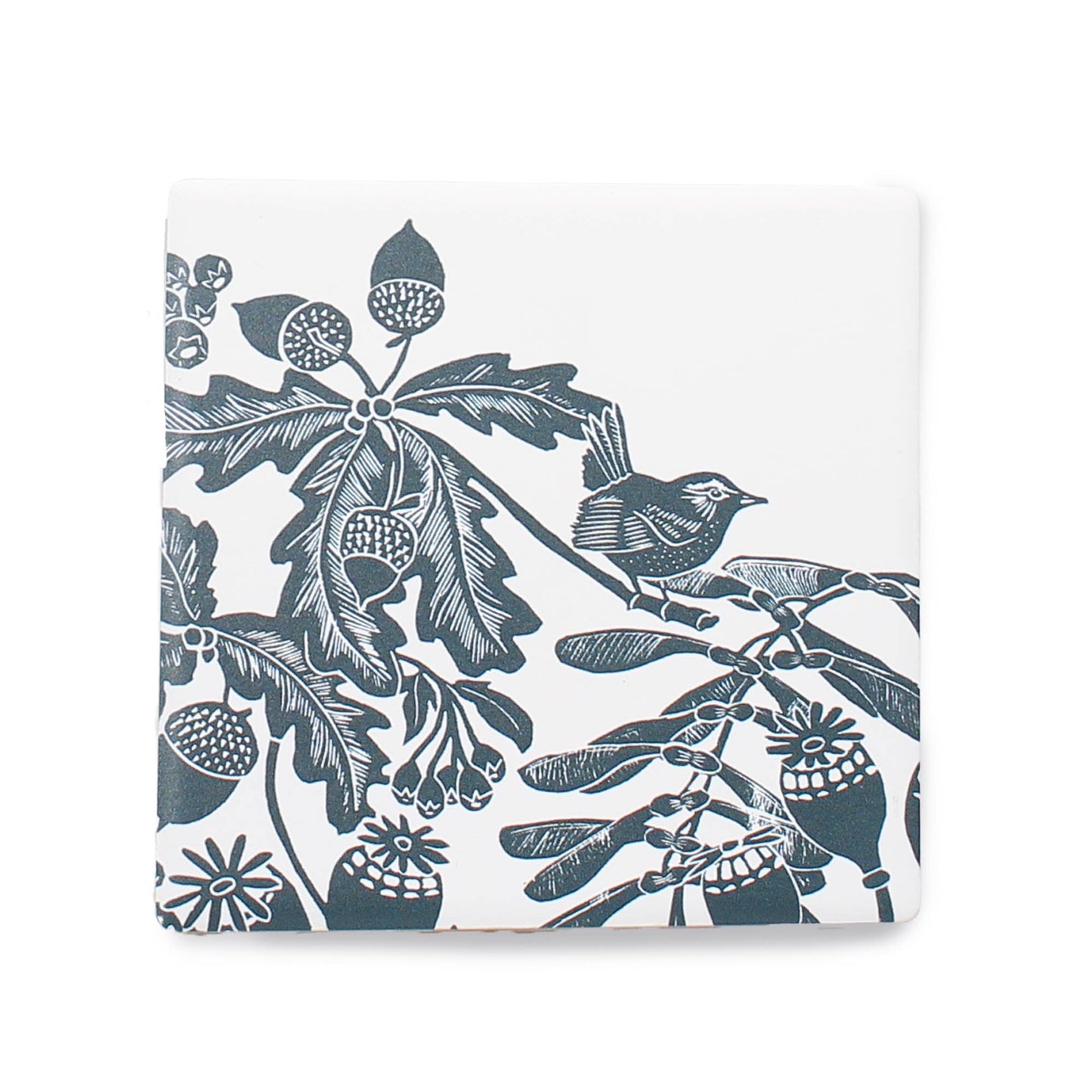 Woodland Acorn Bird Navy Ceramic Coasters
