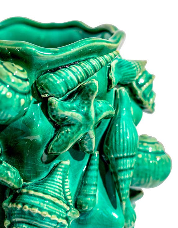 Large aqua blue crackled ceramic vase with a shell motif.