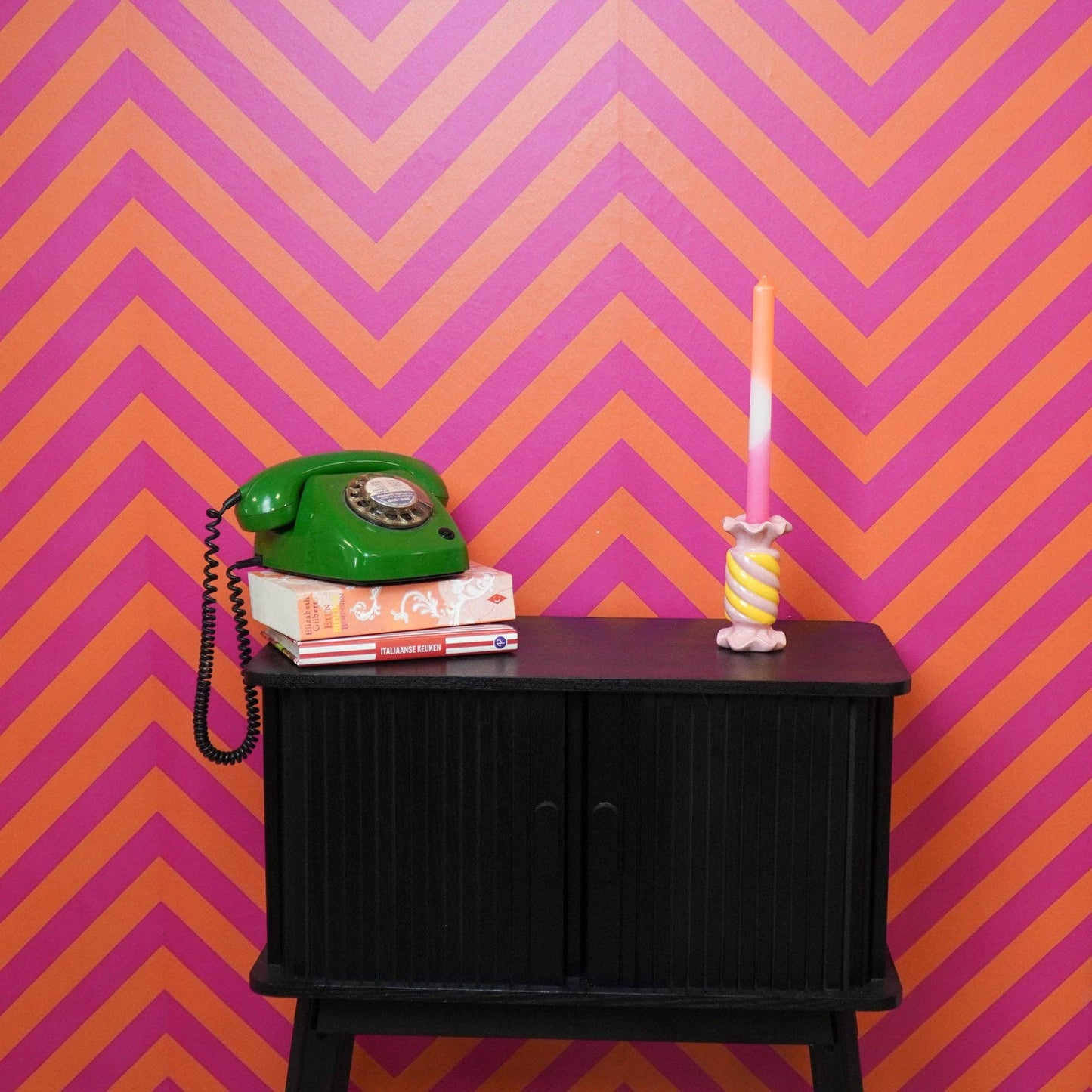 Bougeoir - Bonbon Toffee - Céramique - Rose/Jaune - 7,5x7,5x13 cm