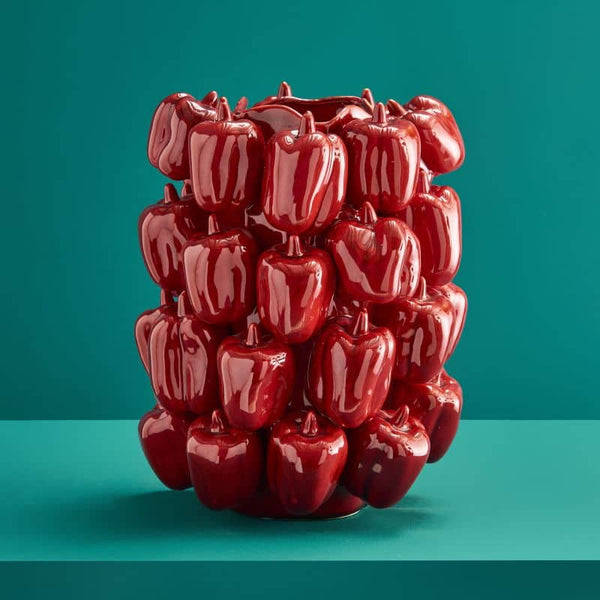 Paprikarode vaas, steengoed, 25 x 25 x 31 cm, handgemaakt