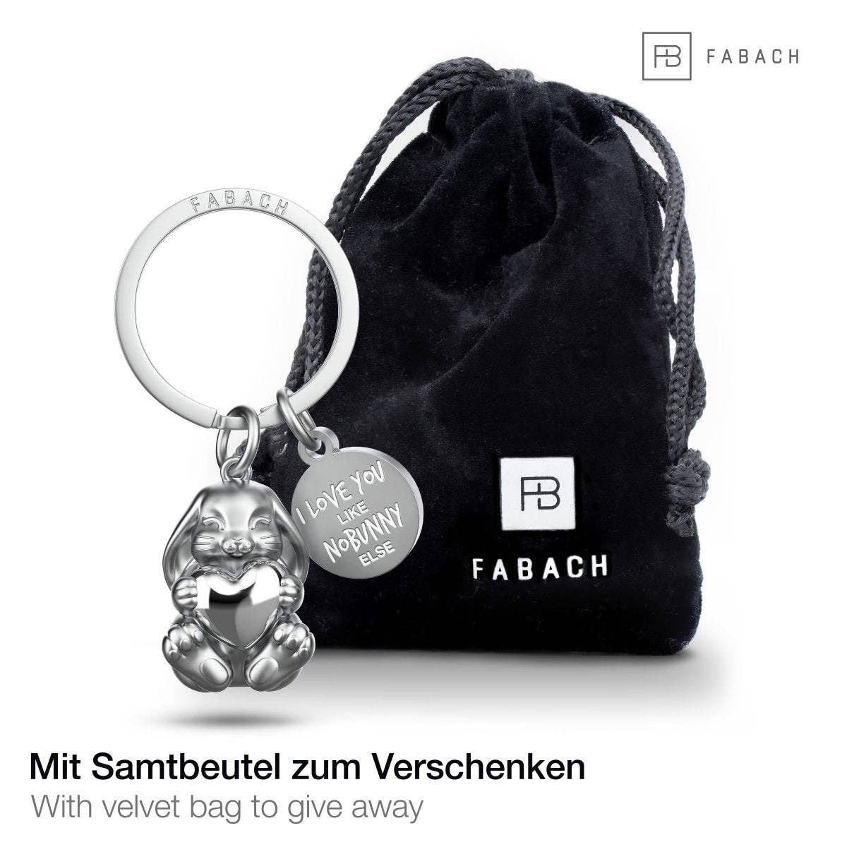 "I love you like no bunny else" bunny-shaped keychain with engraving. Cute lucky charm with a heart