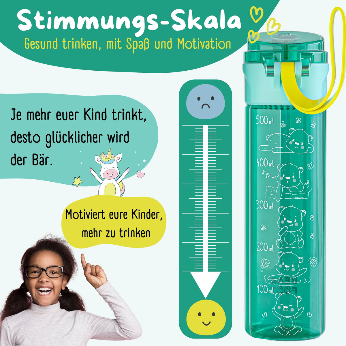Kids' water bottle, 500ml, lightweight - Logo-mint