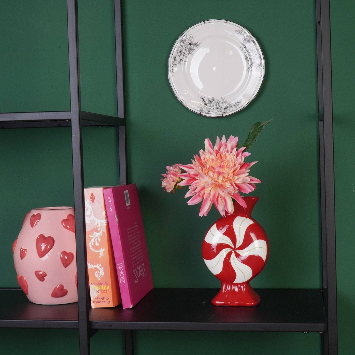 Bloemenvaas - Karamelkleur - Keramiek - Rood/Wit - 12x6,5x20cm