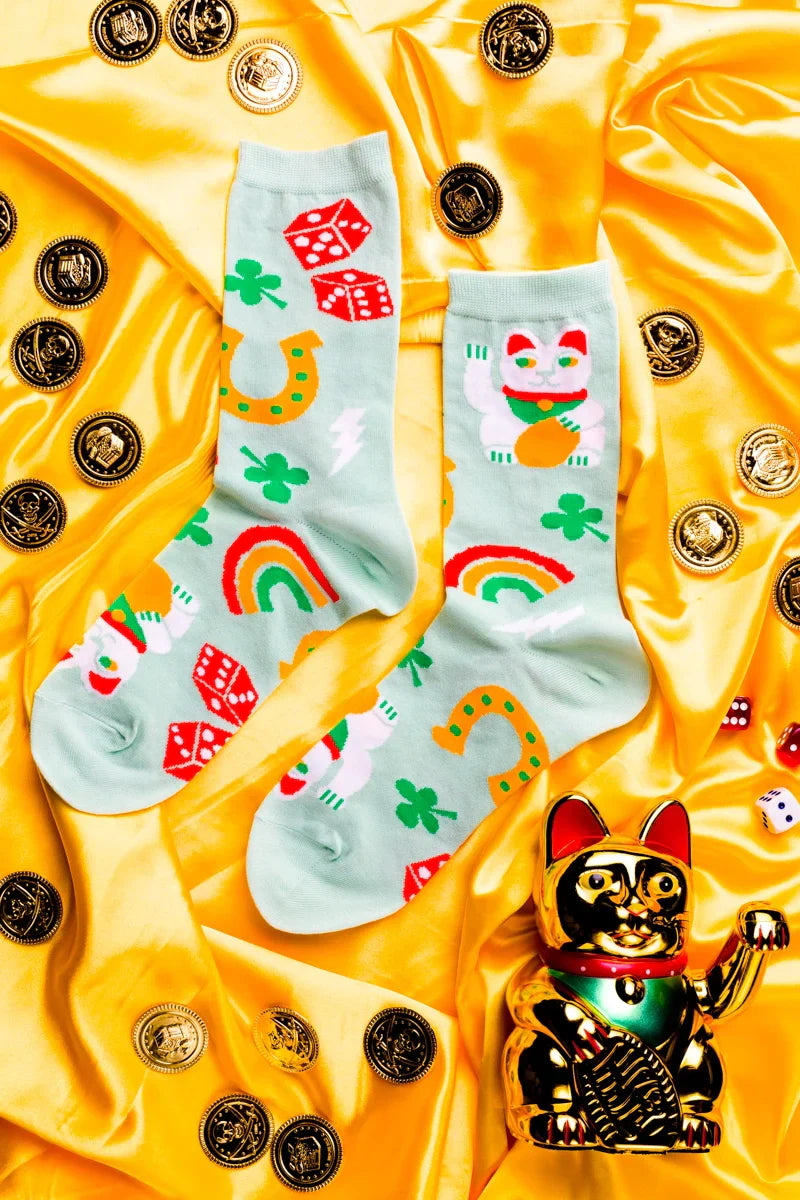 Socks Porte-bonheur - Chats Chanceux, Trèfles, Éclairs et Arcs-en-Ciel