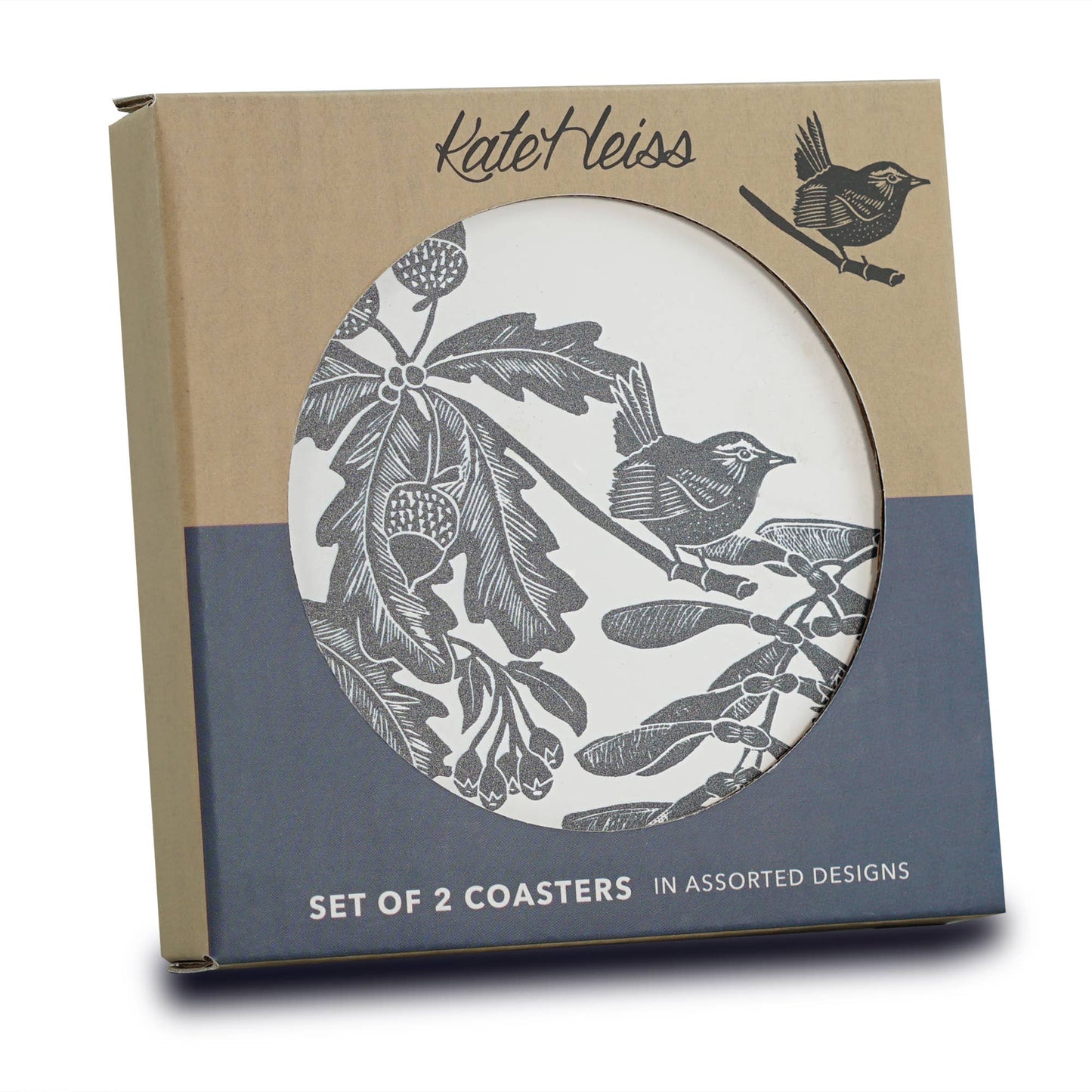 Woodland Acorn Bird Navy Ceramic Coasters