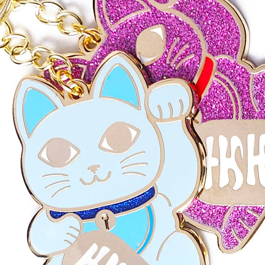Glittery Pink Lucky Cat Keychain