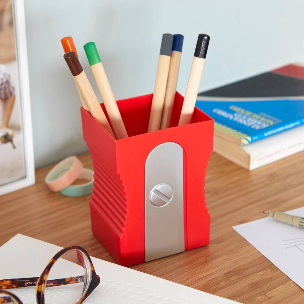 Pencil holder, pencil sharpener, red, plastic