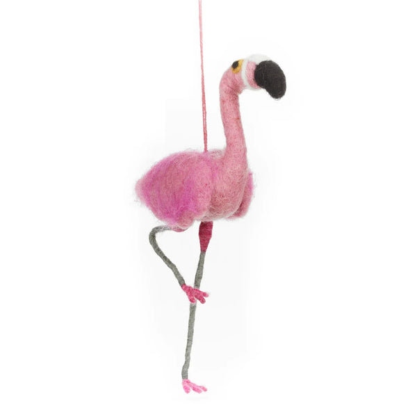 Kerstbal van vilt met Frankie de Flamingo erop 