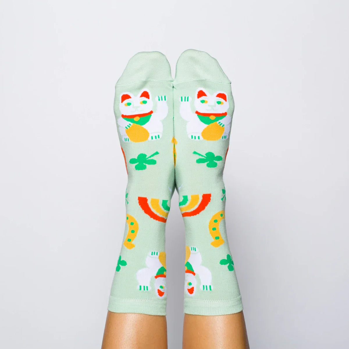 Socken Porte-bonheur - Chats Chanceux, Trèfles, Éclairs et Arcs-en-Ciel
