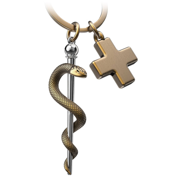 Sleutelhanger met de staf van Aesculapius en een medisch kruis.