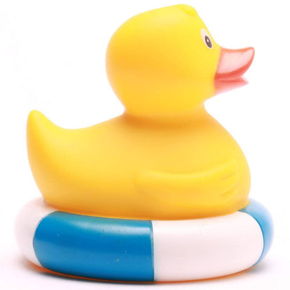 canard de bain dans une bouee bleu