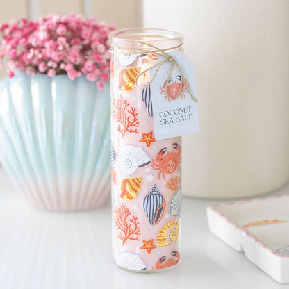 Pastel Seashell Print Coastal Pillar Candle & Coconut and Sea Salt