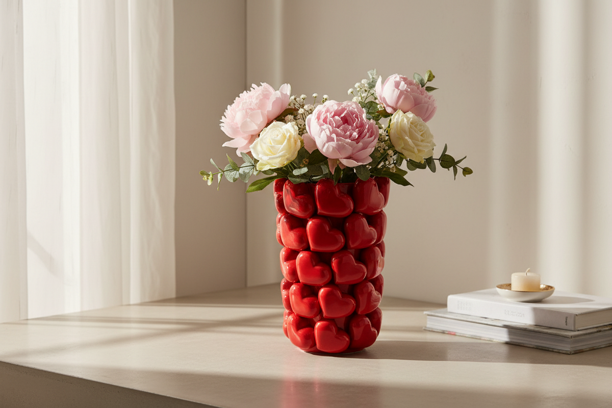 Grand Vase en Céramique à Motifs de Cœurs 3D