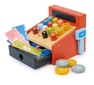 Mentari Boutique: CAISSE ENREGISTREUSE avec SCANNER 13,2x12x11cm, avec 4 pièces de monnaie et papier-monnaie, en bois, en boîte, 3+