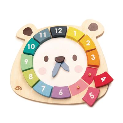 Tender Leaf Premier Âge: HORLOGE OURS COLORÉ 23,8x22,2x2cm, avec 12 blocks de chiffres, en bois, en boîte 23,9x2,8x23cm, 3+