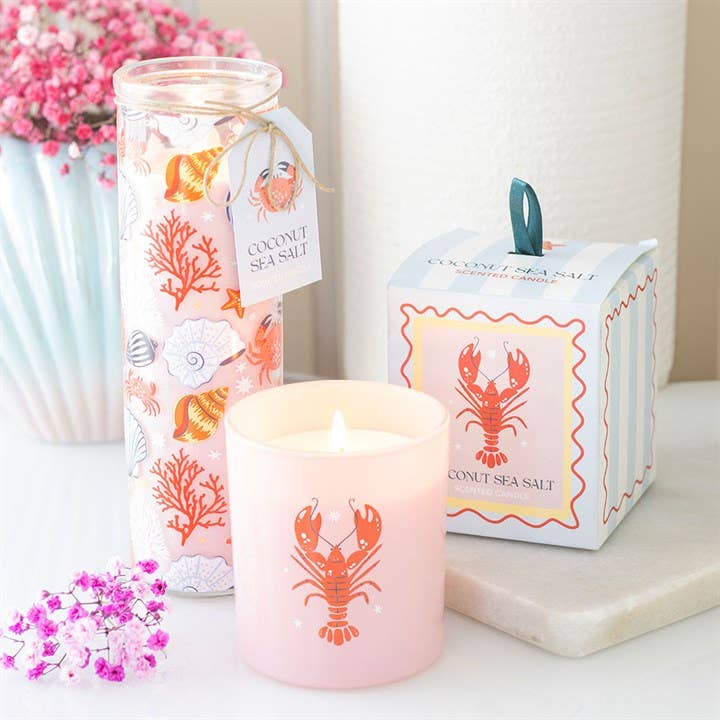 Pastel Seashell Print Coastal Pillar Candle & Coconut and Sea Salt