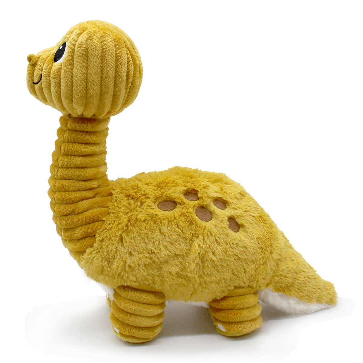 Peluche Marcus le diplodocus maman et son bébé jaune moutarde - vue de côté de la maman dino - Les Ptipotos
