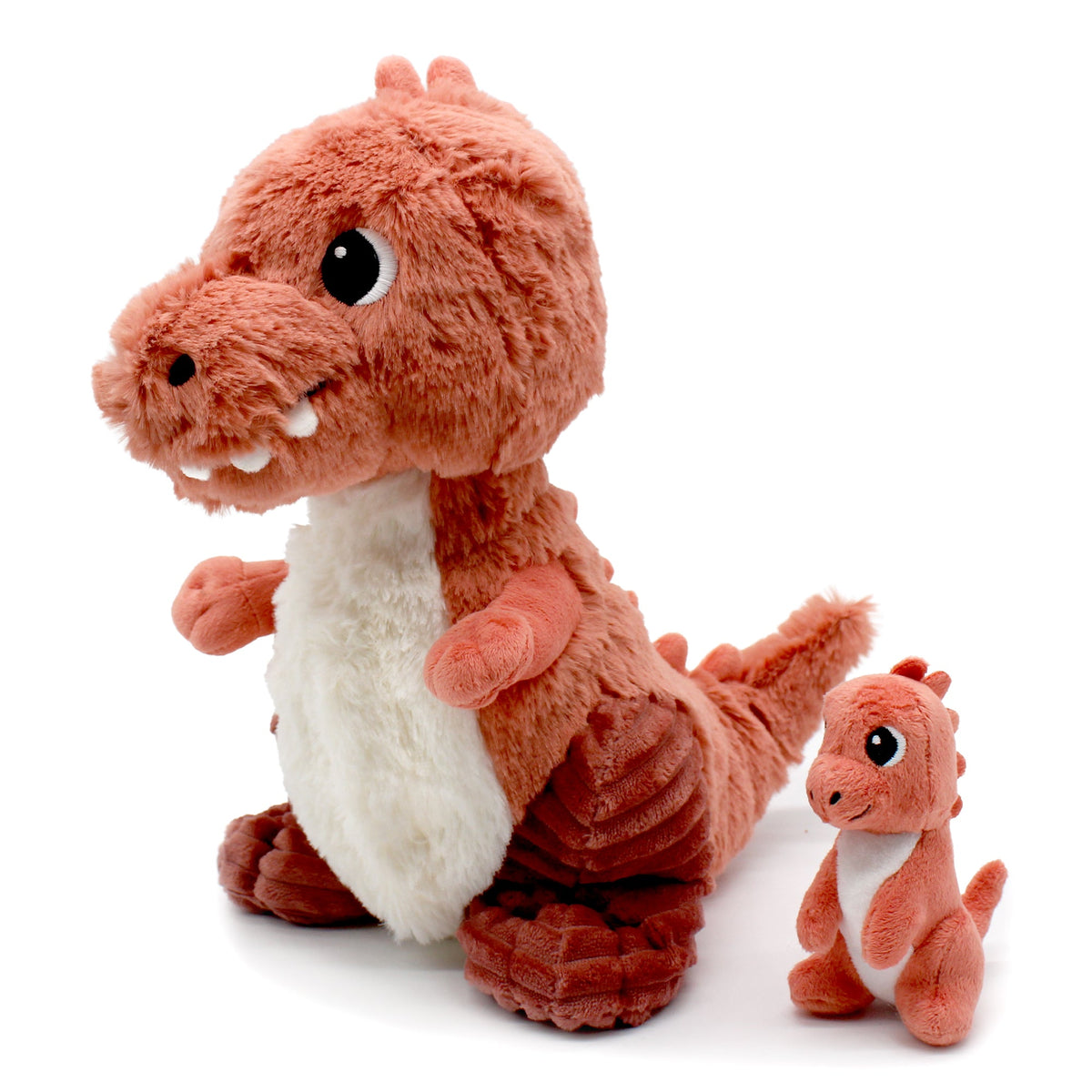 Peluche Alex le T-rex maman et son bébé terracotta - vue de profil de la maman et du bébé tyrannosaure - Les Ptipotos