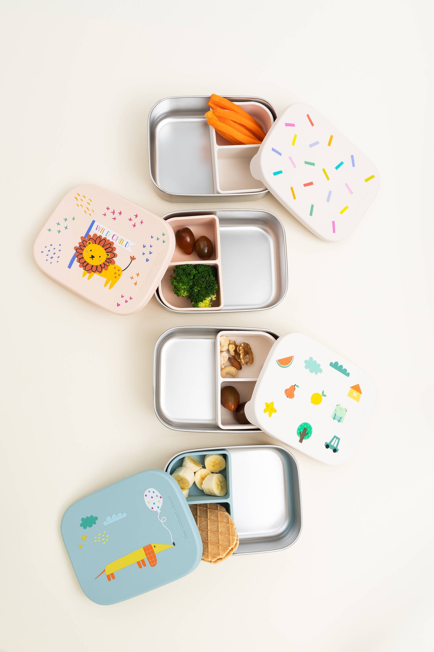 Stainless steel lunch box with compartments for children. Origami design.