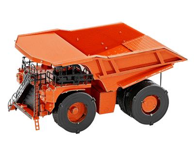 MetalEarth Construction: MINING TRUCK 7.8x4.7x4.19cm, maquette 3D en métal avec 3 feuilles (orange), sur carte 12x17cm, 14+