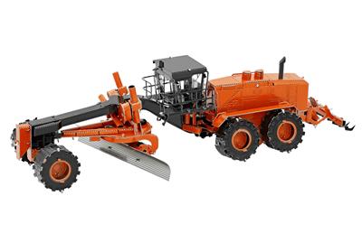 MetalEarth Construction: MOTOR GRADER 12.98x4.60x3.50cm, maquette 3D en métal avec 3 feuilles (orange), sur carte 12x17cm, 14+