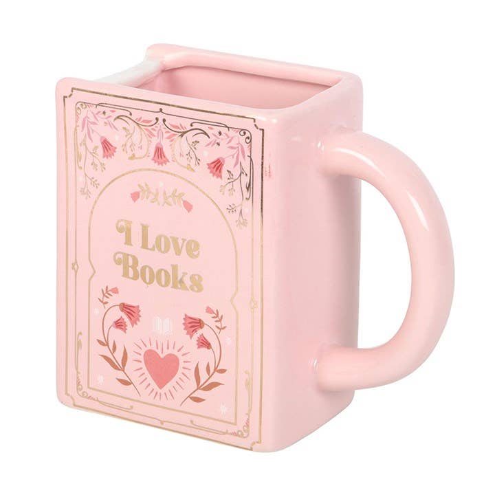 “I Love Books” Book Shaped Mug Pink