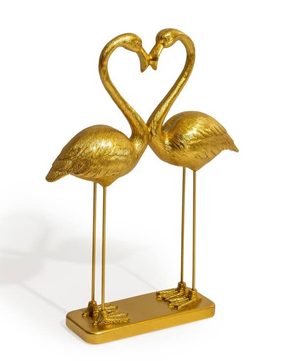 Pair of "Heart of Love" pink flamingos in antique gold