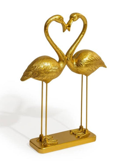 Pair of "Heart of Love" pink flamingos in antique gold