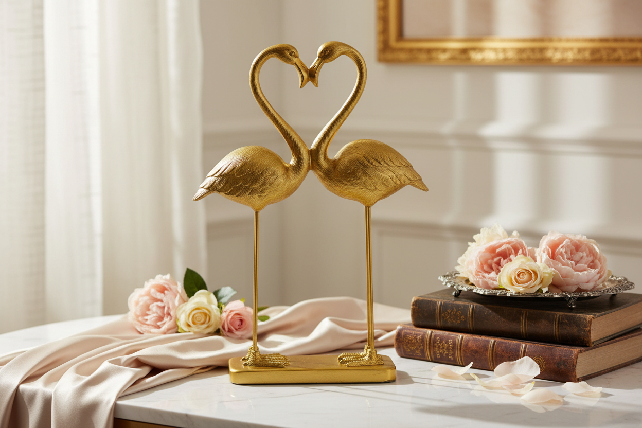 Pair of "Heart of Love" pink flamingos in antique gold