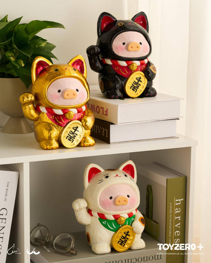 LuLu le Cochonnet - Maneki Lu (chat calico) — sculpture en bois 18cm