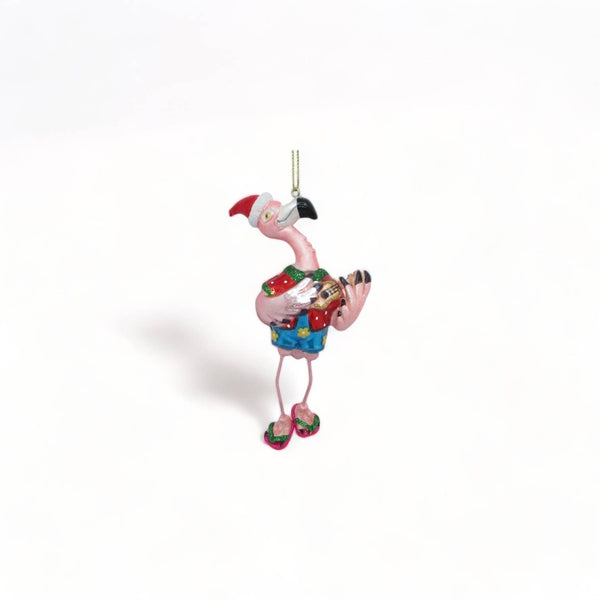 Roze flamingo kerstbal met gitaar