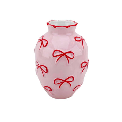 Vaas - Bloemenvaas met linten - Lichtroze/rood - 13,5 x 13,5 x 19 cm