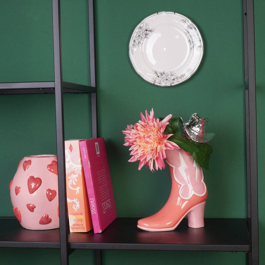 Bloemenvaas - Laars met discohoed - Keramiek - Roze/Oranje - 16,5 x 10,5 x 26,5 cm