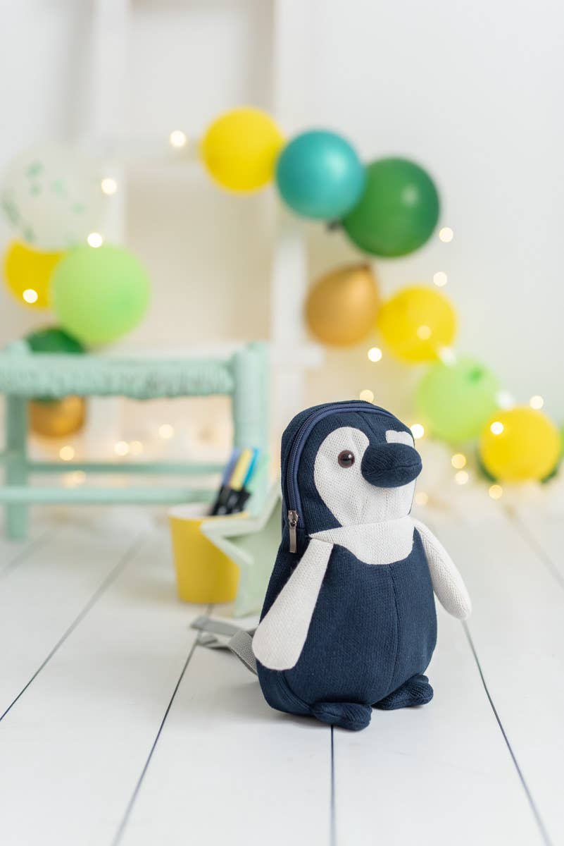 Gehaakte pinguïnrugzak – Blauw en wit