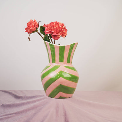 Vase - Rayures - Grès - Vert/Rose - 16x16x22cm