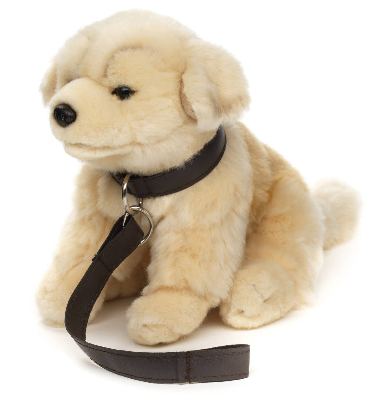 Peluche chiot golden retriever assis avec une laisse